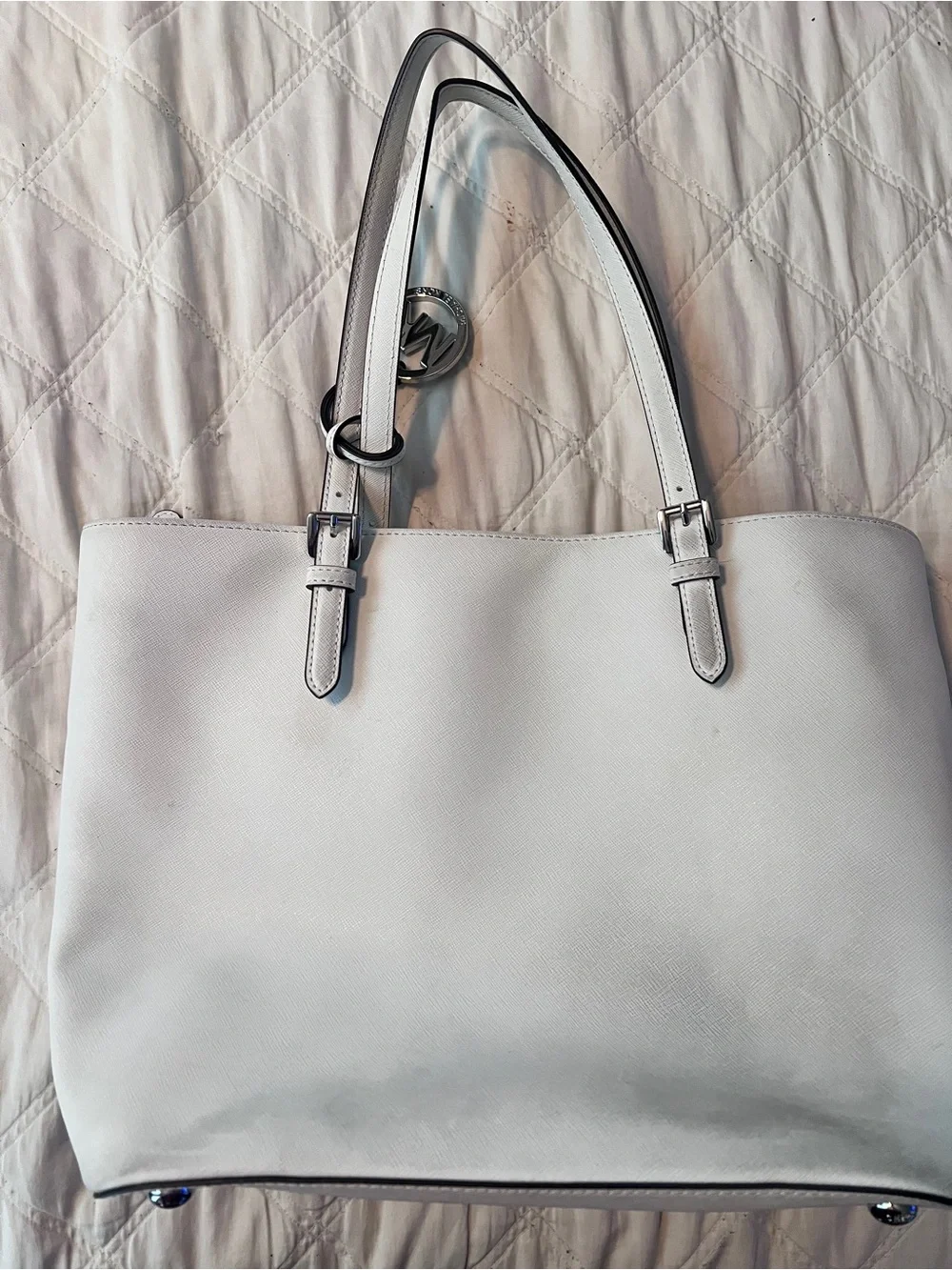 Michael Kors White Leather Tote with Front Envelope Pocket
